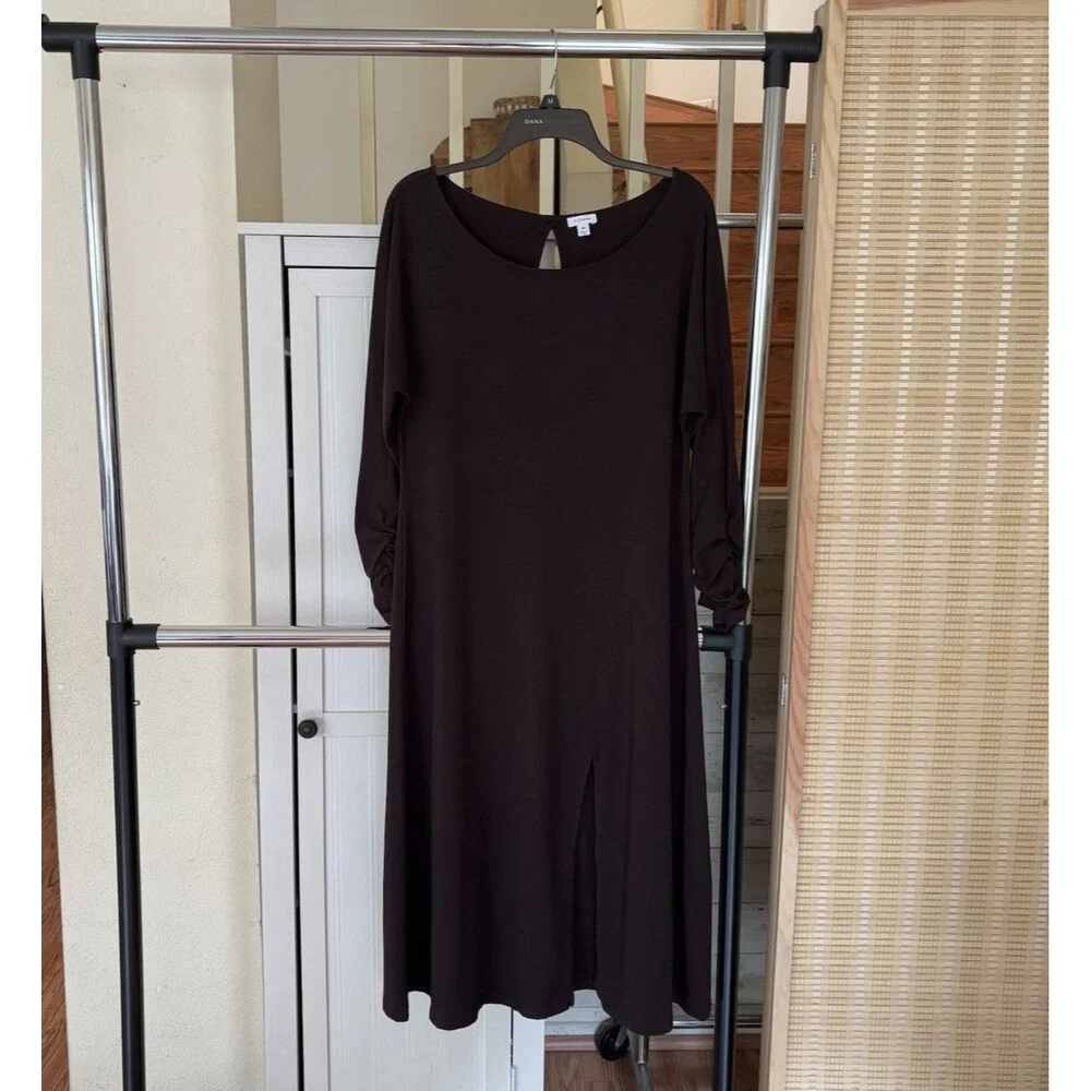 CUYANA Dolman Sleeve Midi Dress Medium Organic Pima Cotton Lagenlook Ruched Cuff - Picture 7 of 15